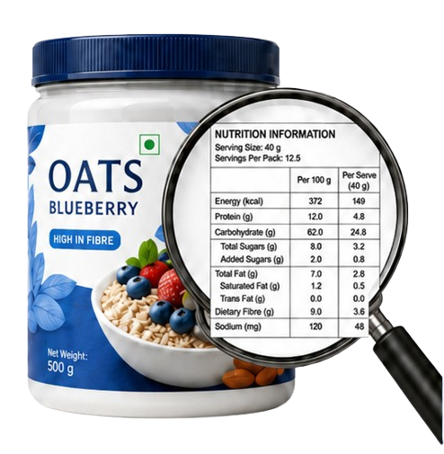 Oats Blueberry product with FSSAI nutrition label under magnifying glass
